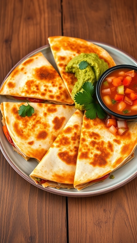 Golden-brown quesadilla wedges filled with cheese and vegetables, served with guacamole and salsa on a rustic table.